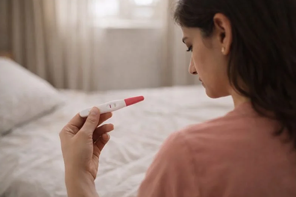 Thoughtful woman looking at a pregnancy test